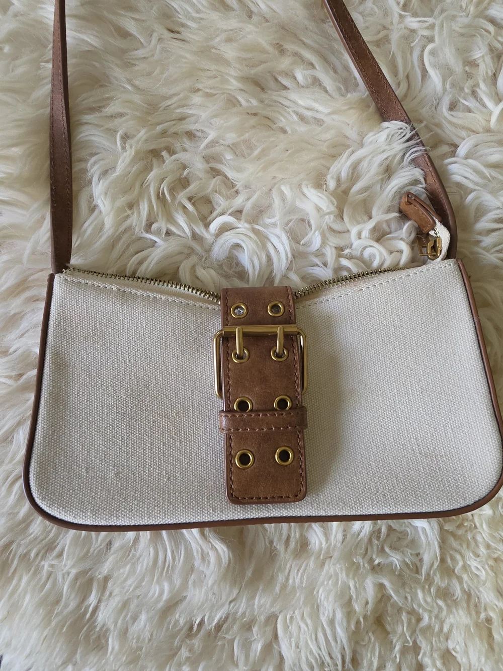Brandy Melville Cream Canvas Shoulder Bag with Brown Leather Trim